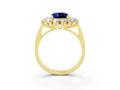 Yellow gold Cushion Cut Halo Cluster Diamond Ring with Pave Band and Four-Prong Setting_3