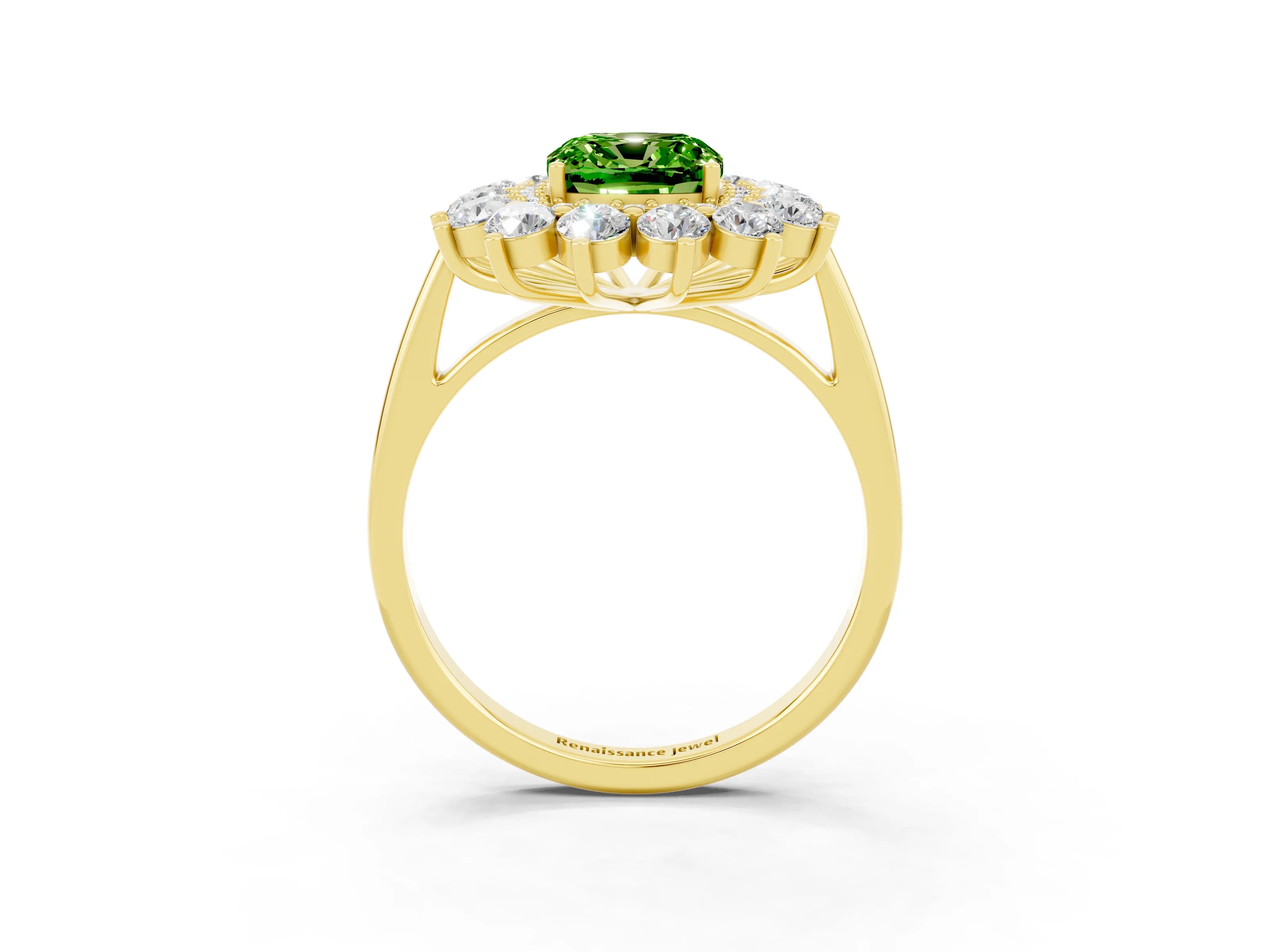 Yellow gold Cushion Cut Halo Cluster Diamond Ring with Pave Band and Four-Prong Setting_3