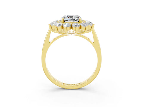 Yellow gold Cushion Cut Halo Cluster Diamond Ring with Pave Band and Four-Prong Setting_3