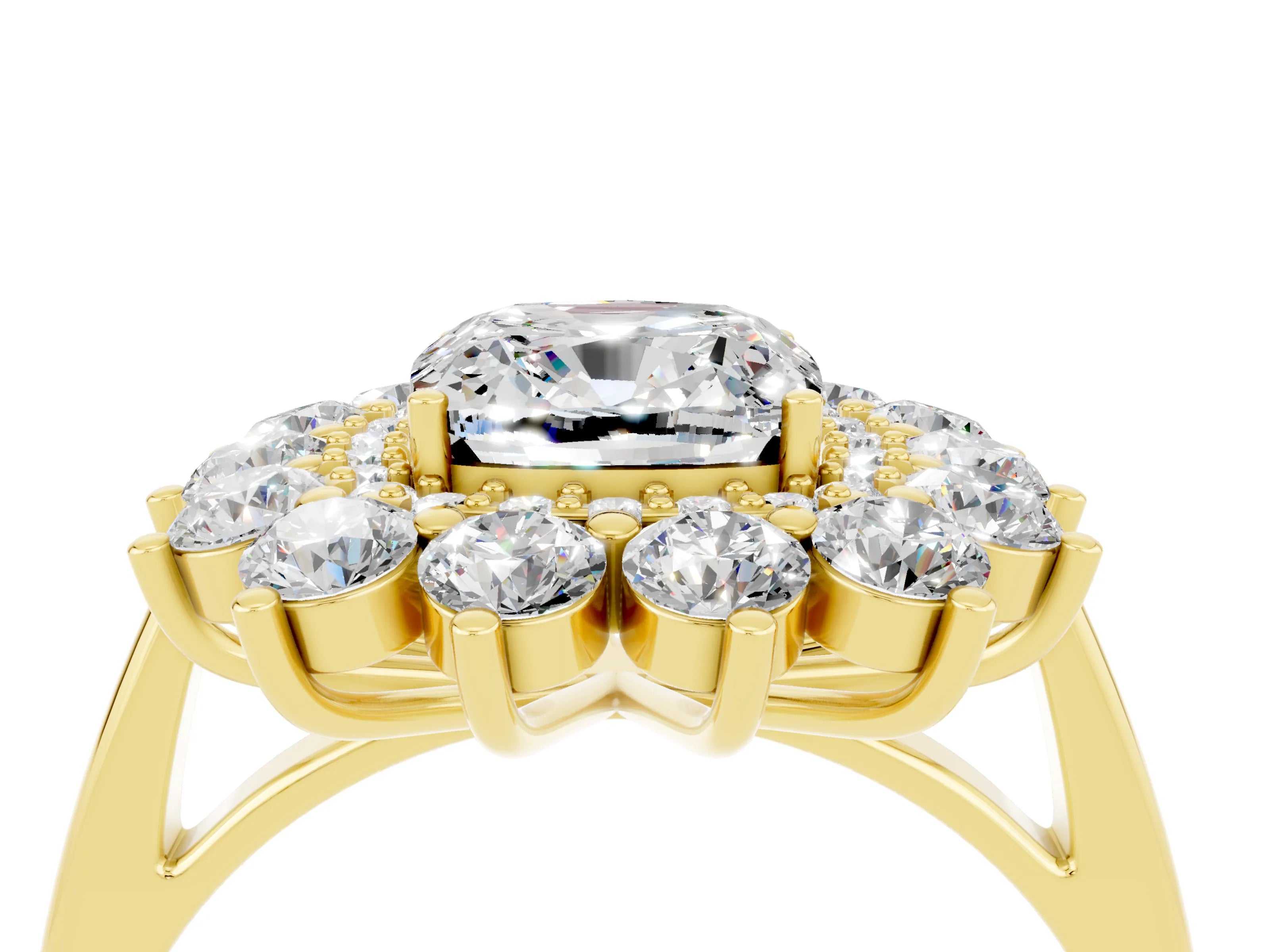 Yellow gold Cushion Cut Halo Cluster Diamond Ring with Pave Band and Four-Prong Setting_4