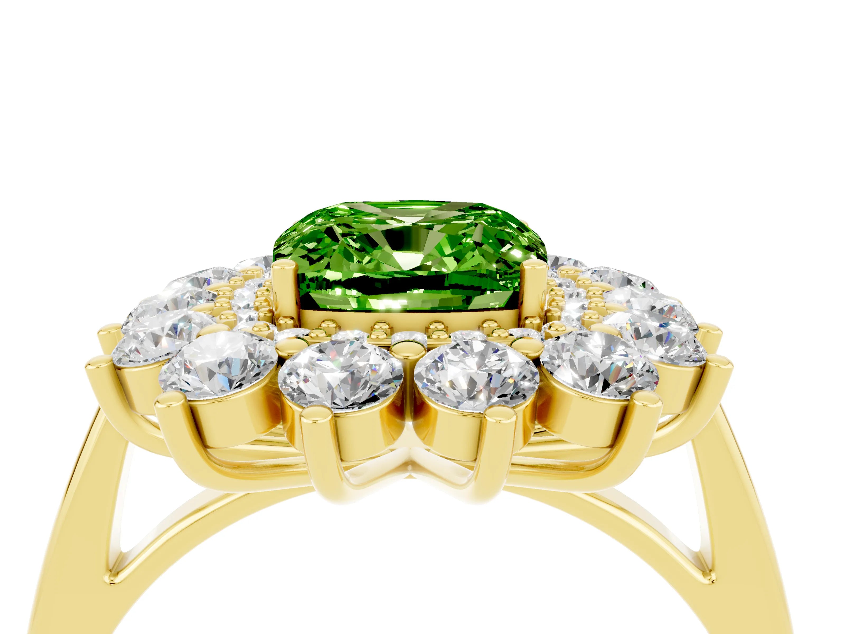 Yellow gold Cushion Cut Halo Cluster Diamond Ring with Pave Band and Four-Prong Setting_4