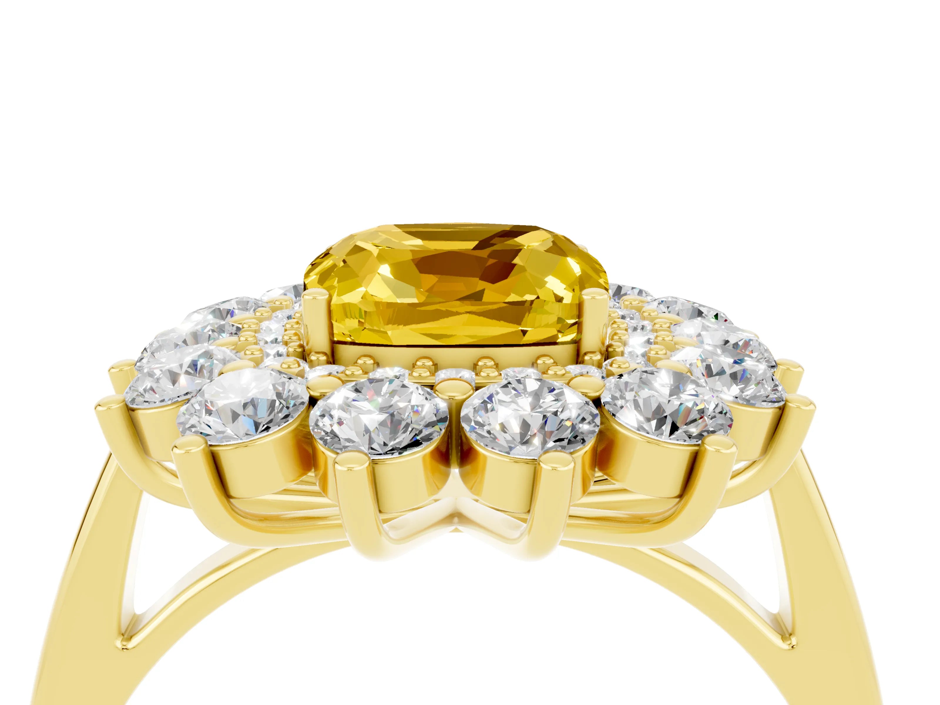 Yellow gold Cushion Cut Halo Cluster Diamond Ring with Pave Band and Four-Prong Setting_4