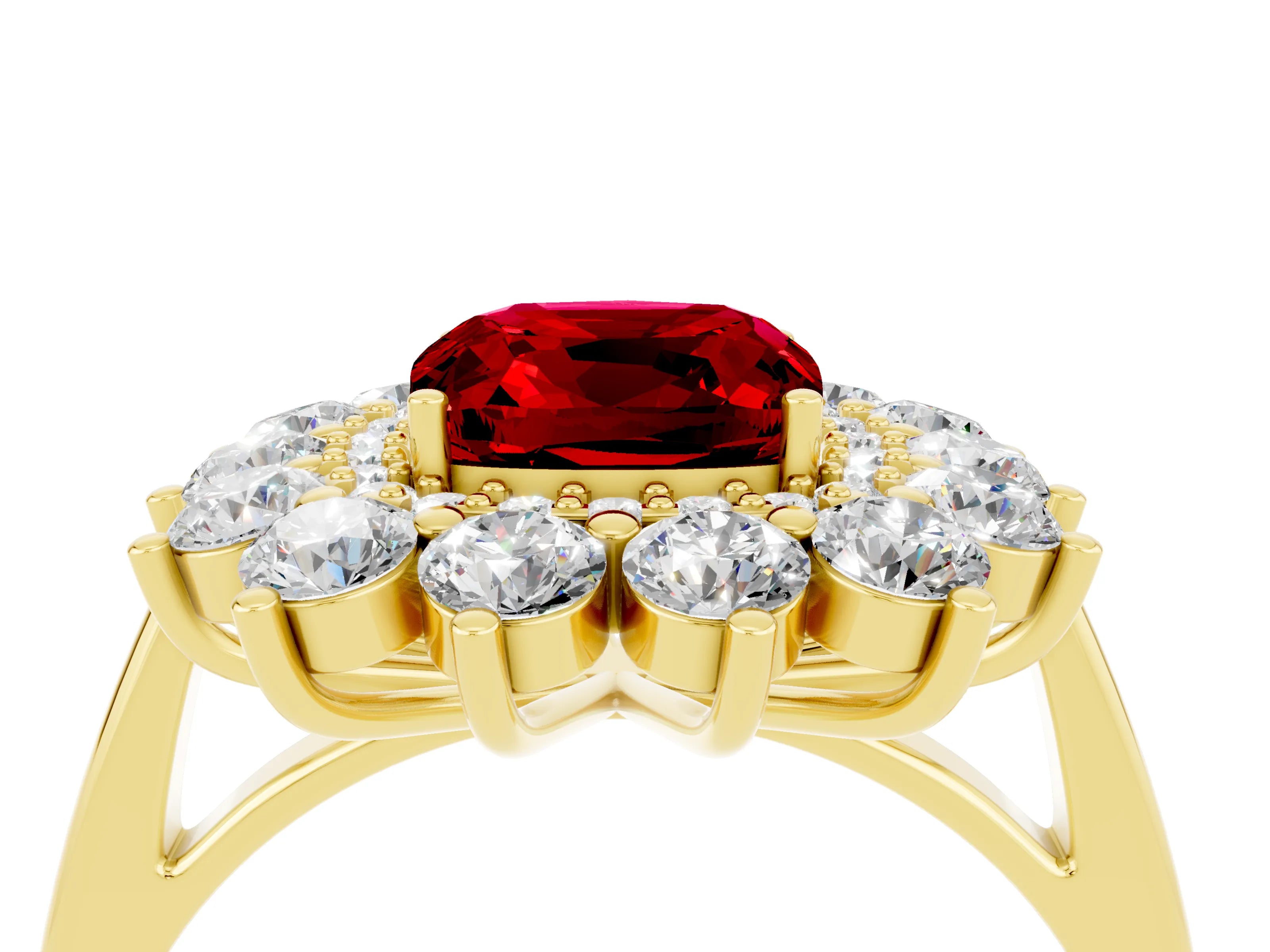 Yellow gold Cushion Cut Halo Cluster Diamond Ring with Pave Band and Four-Prong Setting_4