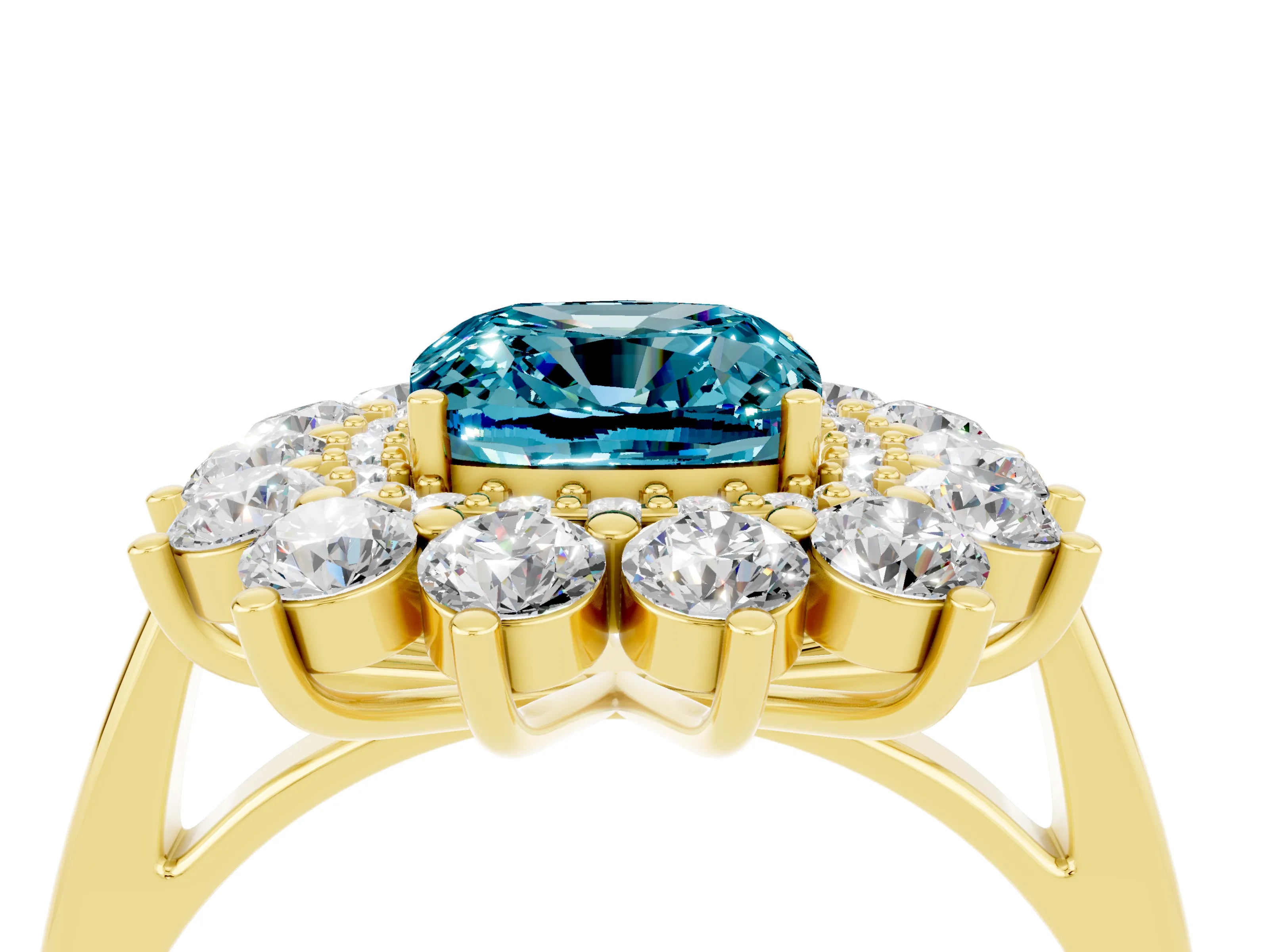 Yellow gold Cushion Cut Halo Cluster Diamond Ring with Pave Band and Four-Prong Setting_4