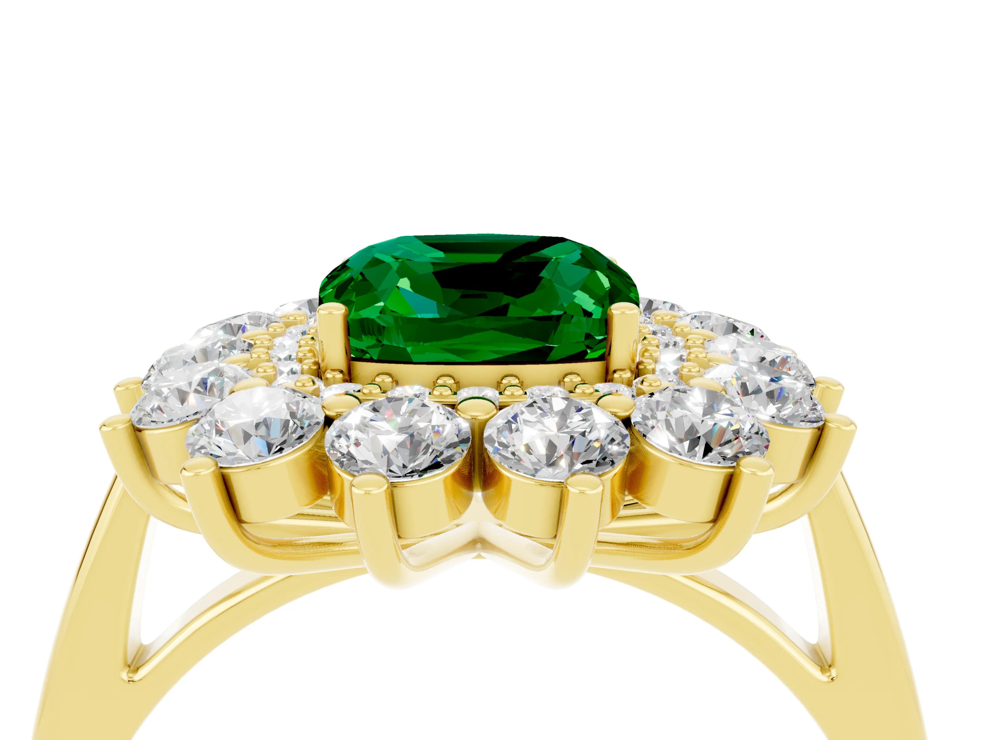 Yellow gold Cushion Cut Halo Cluster Diamond Ring with Pave Band and Four-Prong Setting_4
