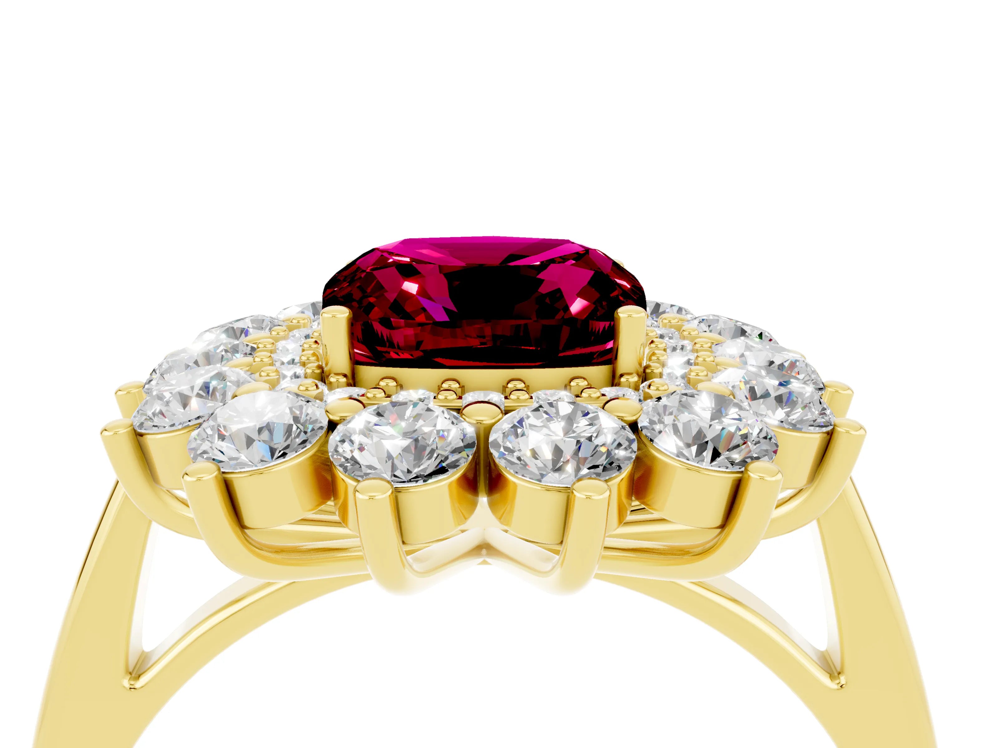 Yellow gold Cushion Cut Halo Cluster Diamond Ring with Pave Band and Four-Prong Setting_4