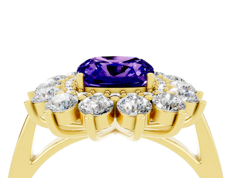 Yellow gold Cushion Cut Halo Cluster Diamond Ring with Pave Band and Four-Prong Setting_4