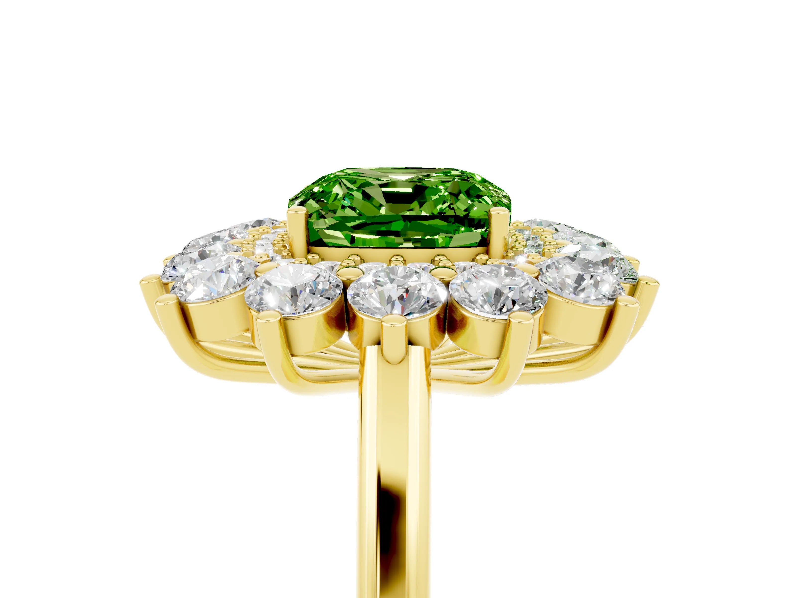 Yellow gold Cushion Cut Halo Cluster Diamond Ring with Pave Band and Four-Prong Setting_5