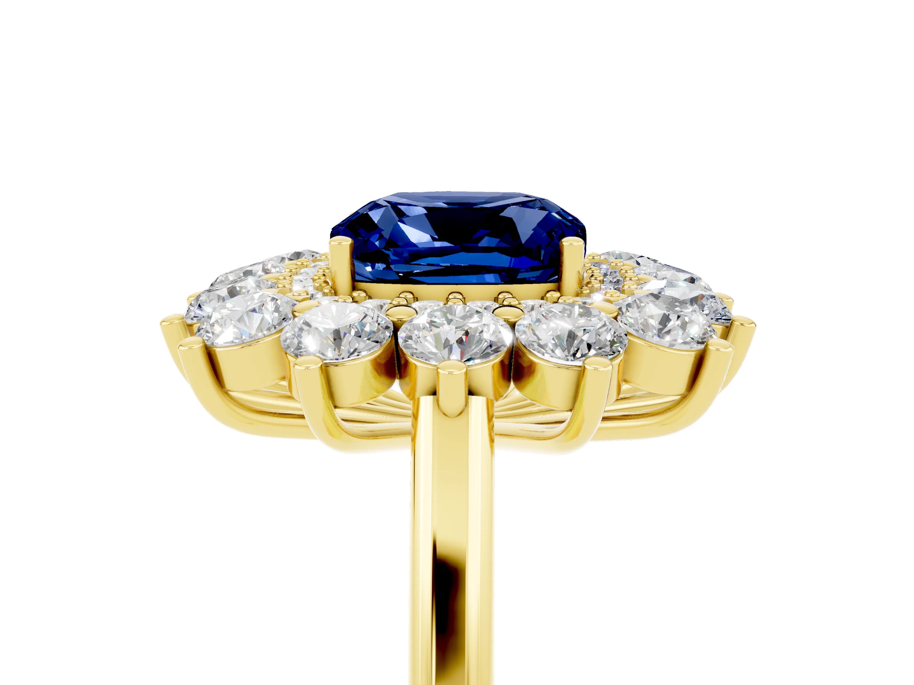 Yellow gold Cushion Cut Halo Cluster Diamond Ring with Pave Band and Four-Prong Setting_5