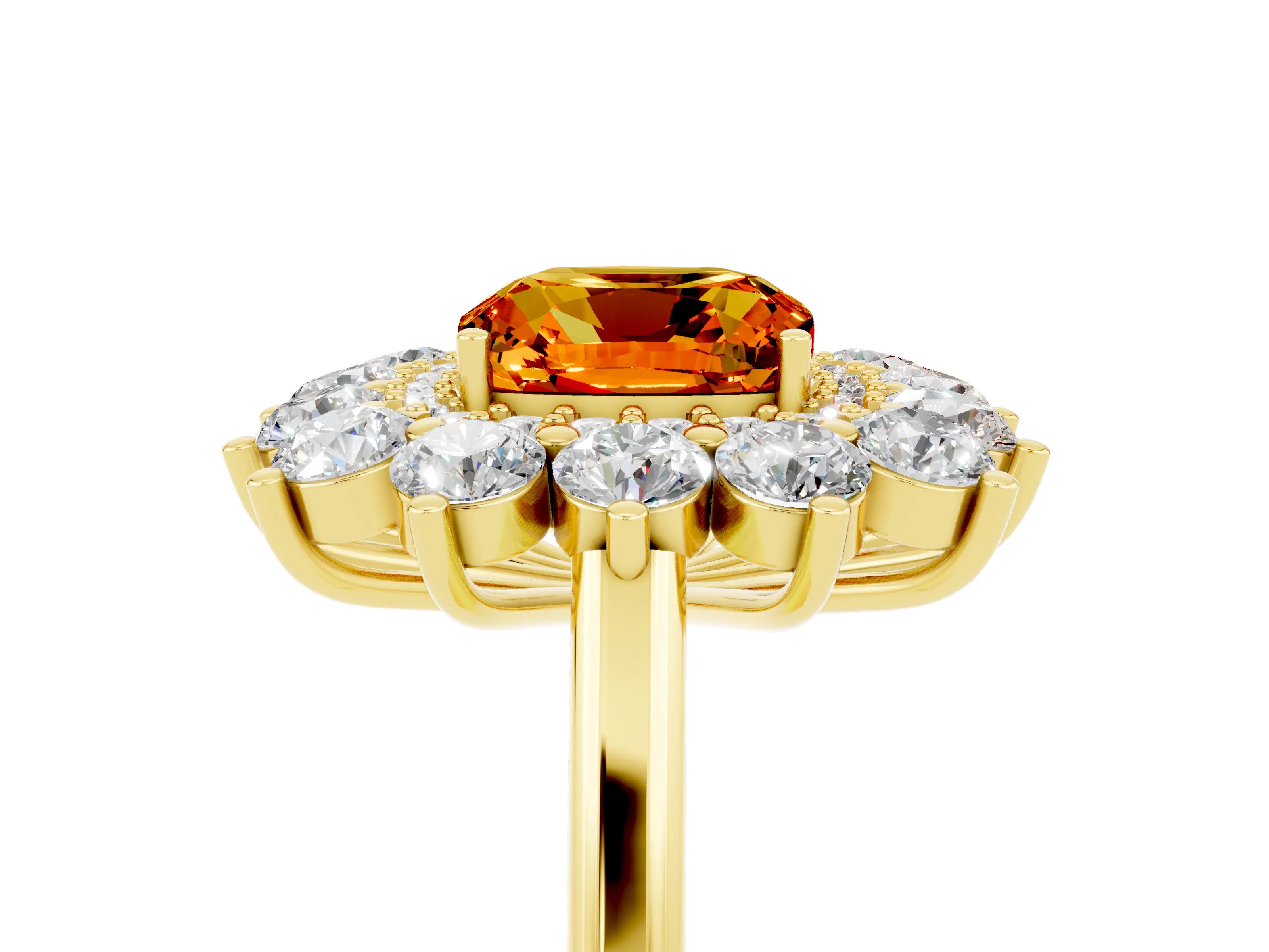 Yellow gold Cushion Cut Halo Cluster Diamond Ring with Pave Band and Four-Prong Setting_5