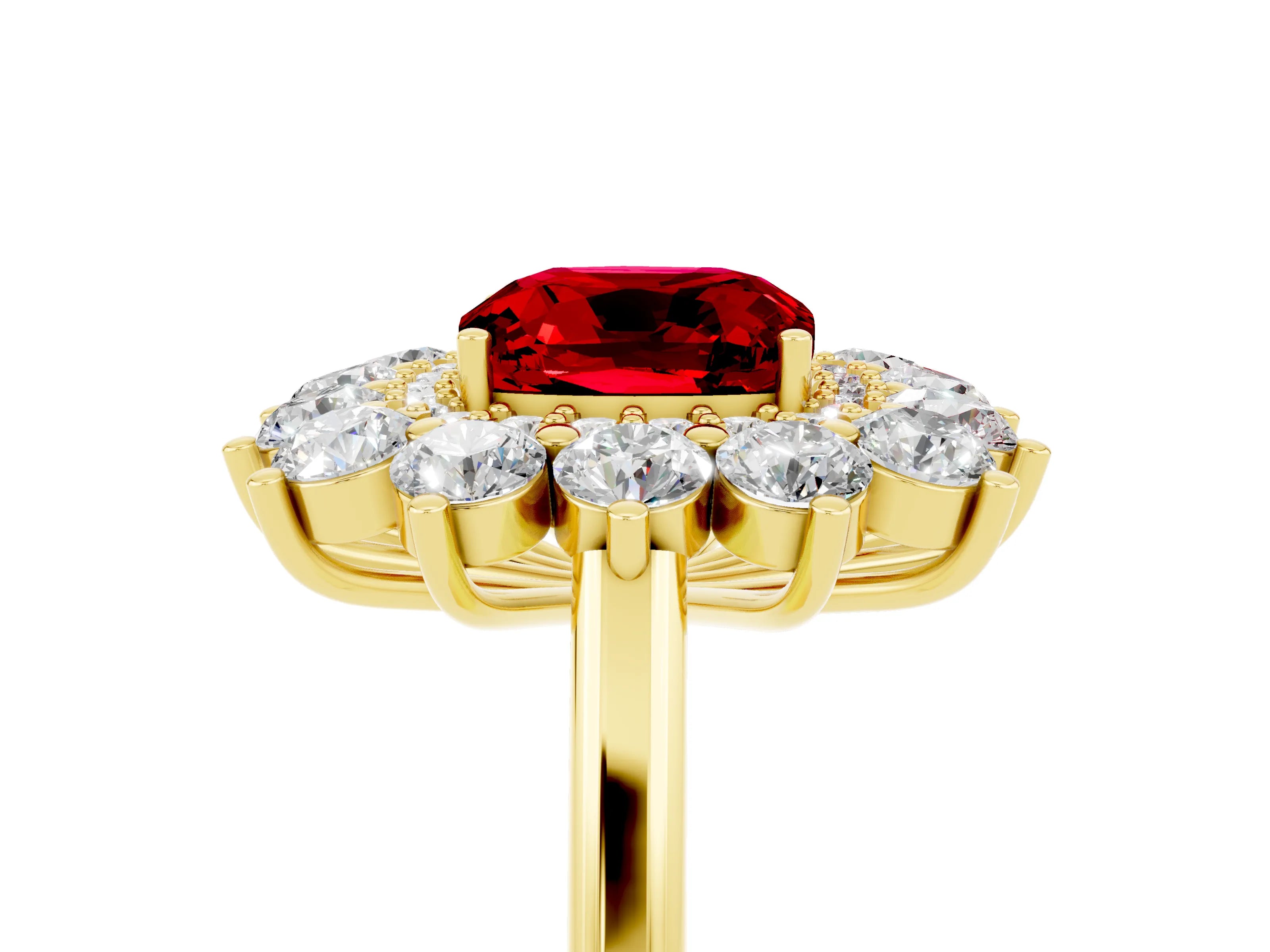 Yellow gold Cushion Cut Halo Cluster Diamond Ring with Pave Band and Four-Prong Setting_5