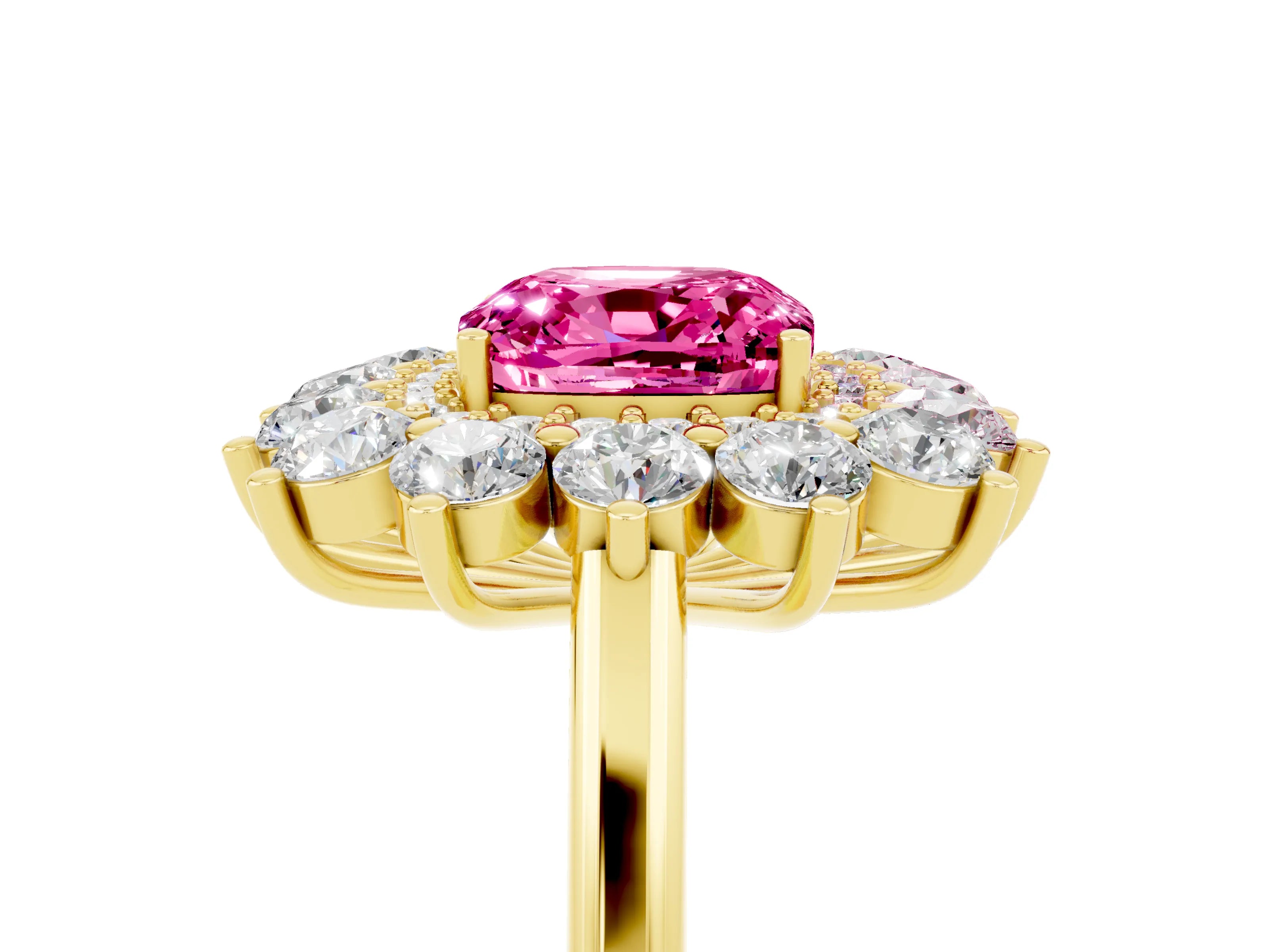 Yellow gold Cushion Cut Halo Cluster Diamond Ring with Pave Band and Four-Prong Setting_5