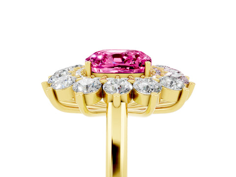 Yellow gold Cushion Cut Halo Cluster Diamond Ring with Pave Band and Four-Prong Setting_5