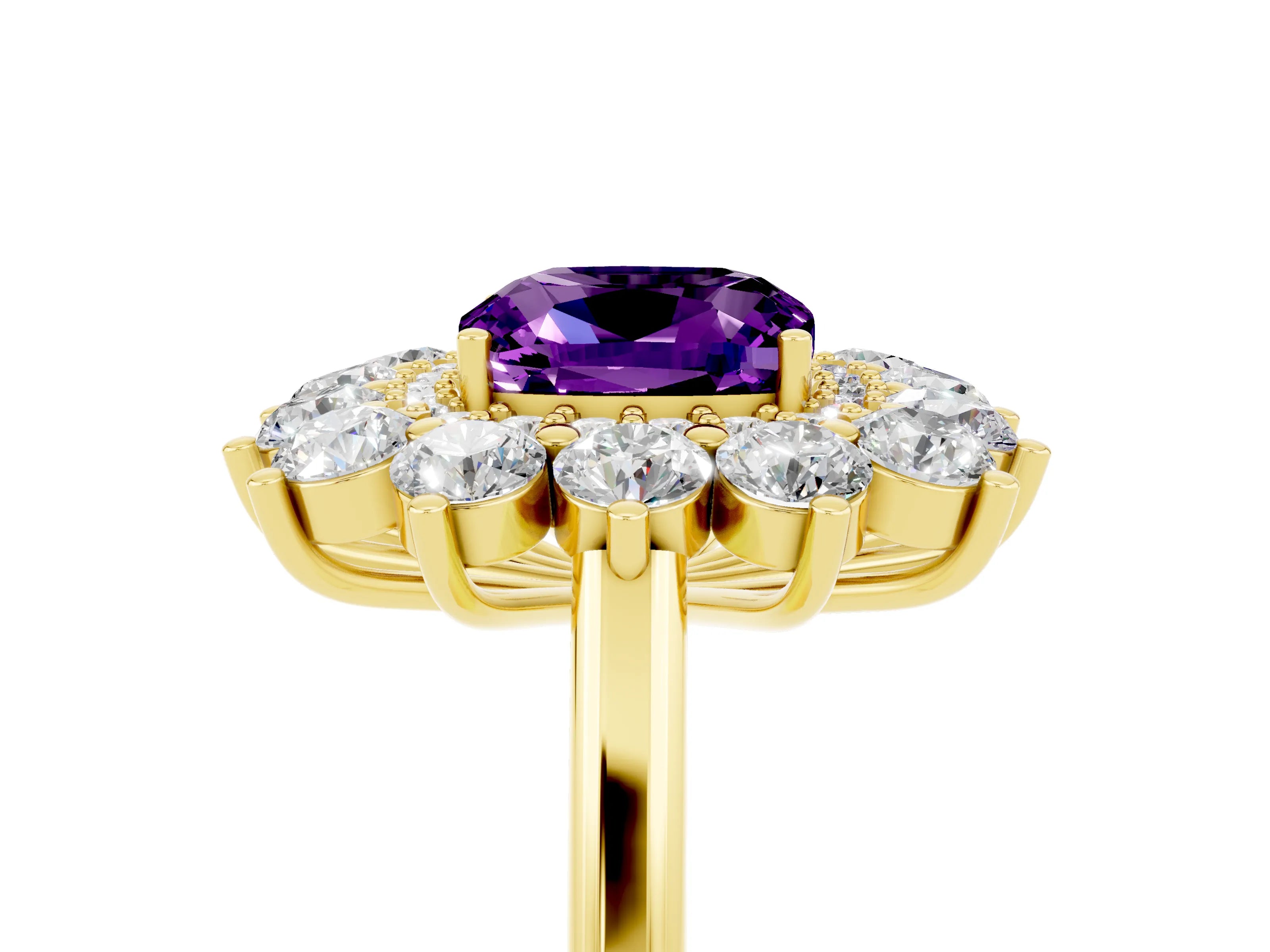 Yellow gold Cushion Cut Halo Cluster Diamond Ring with Pave Band and Four-Prong Setting_5