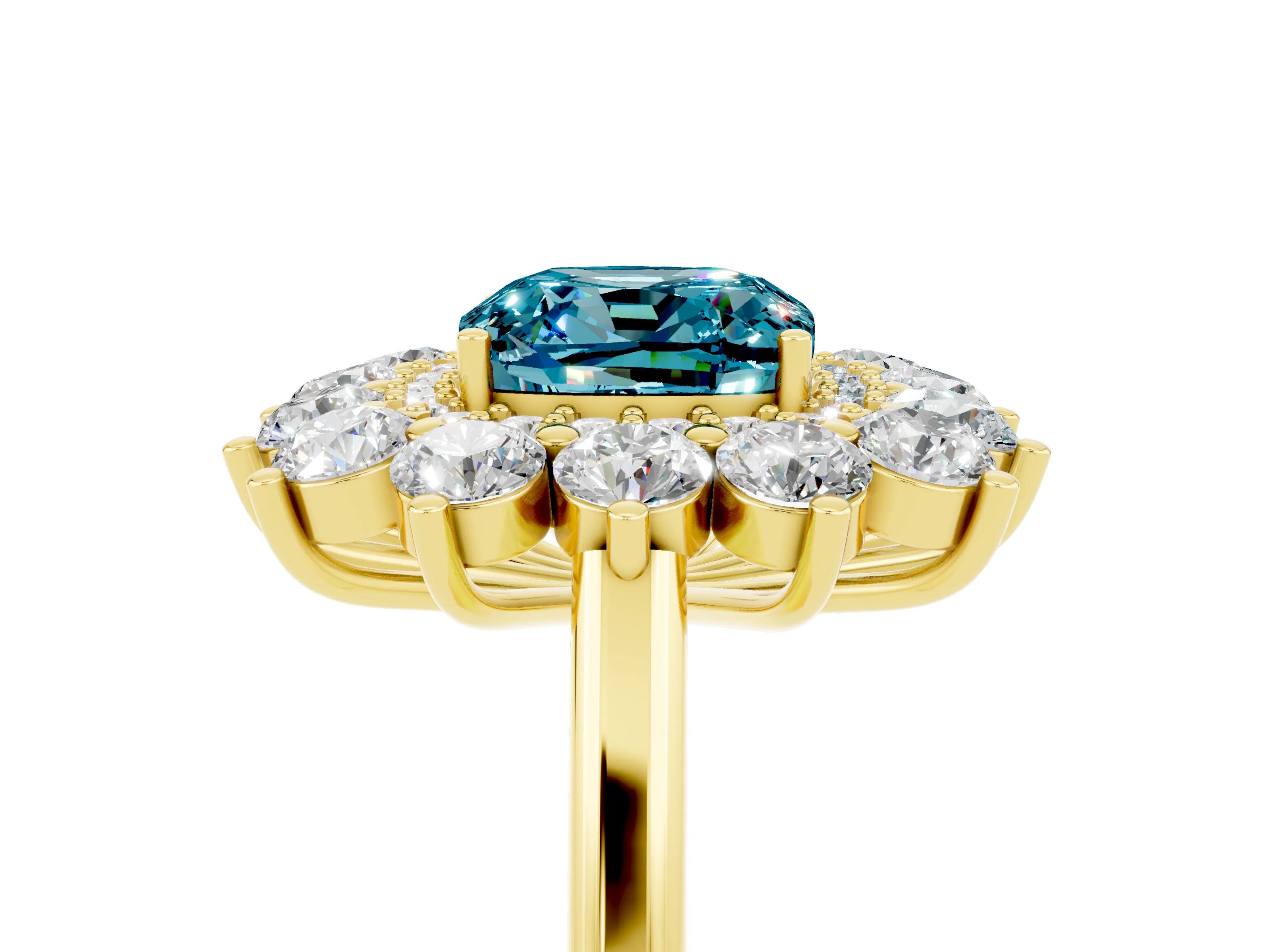Yellow gold Cushion Cut Halo Cluster Diamond Ring with Pave Band and Four-Prong Setting_5