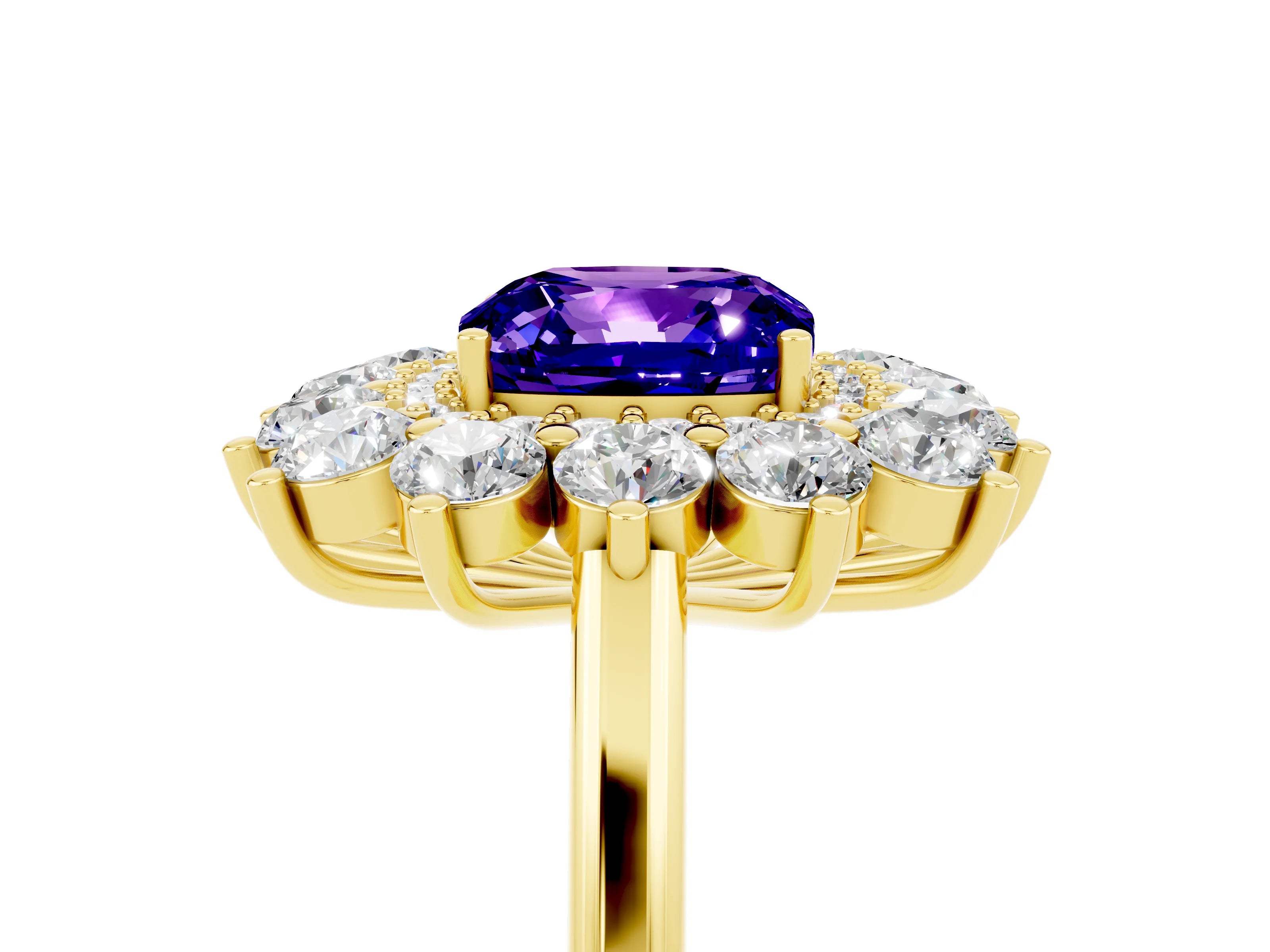 Yellow gold Cushion Cut Halo Cluster Diamond Ring with Pave Band and Four-Prong Setting_5