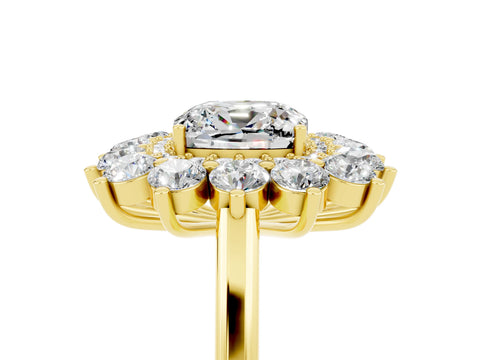 Yellow gold Cushion Cut Halo Cluster Diamond Ring with Pave Band and Four-Prong Setting_5