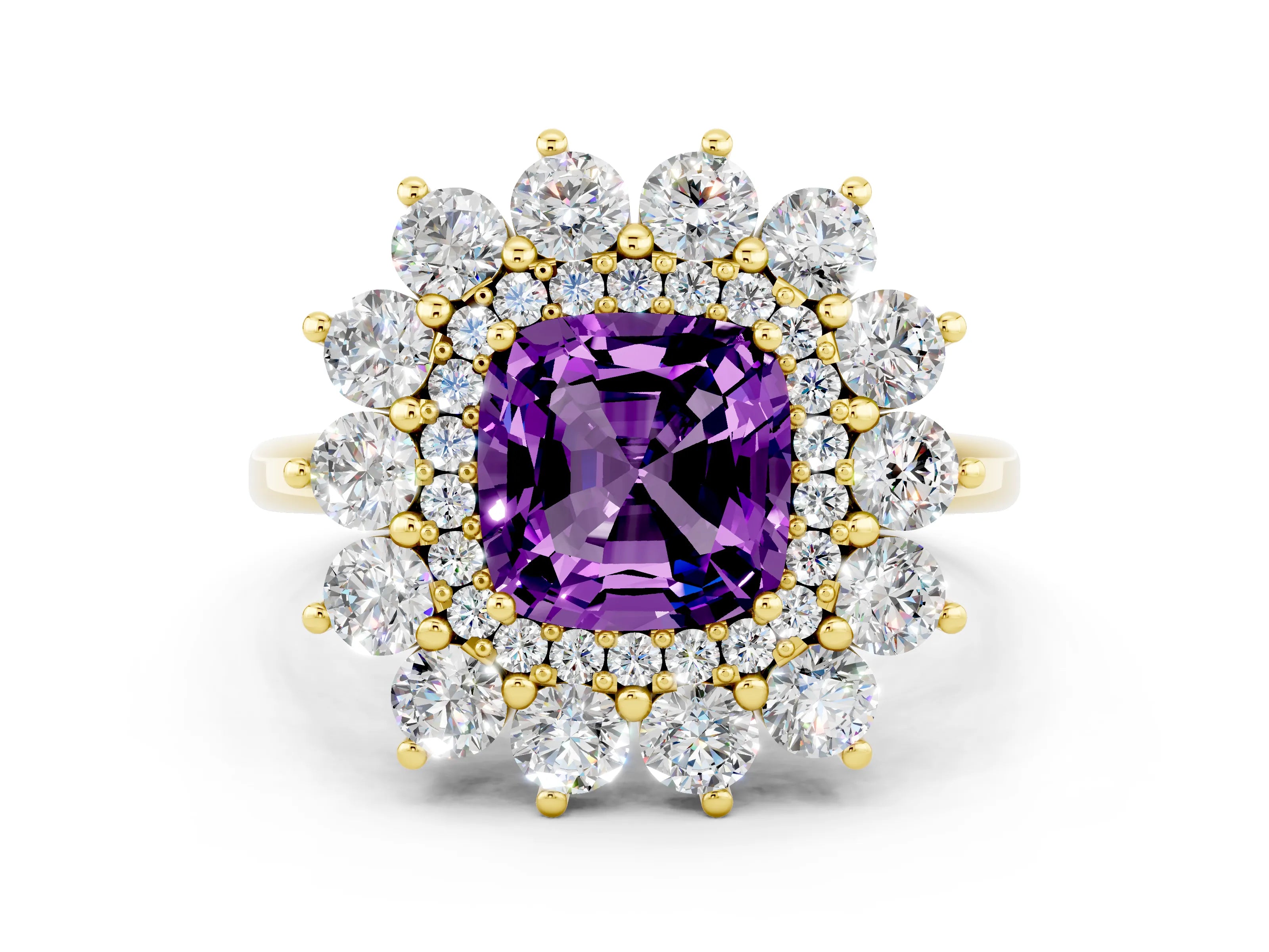 Yellow gold Cushion Cut Halo Cluster Diamond Ring with Pave Band and Four-Prong Setting