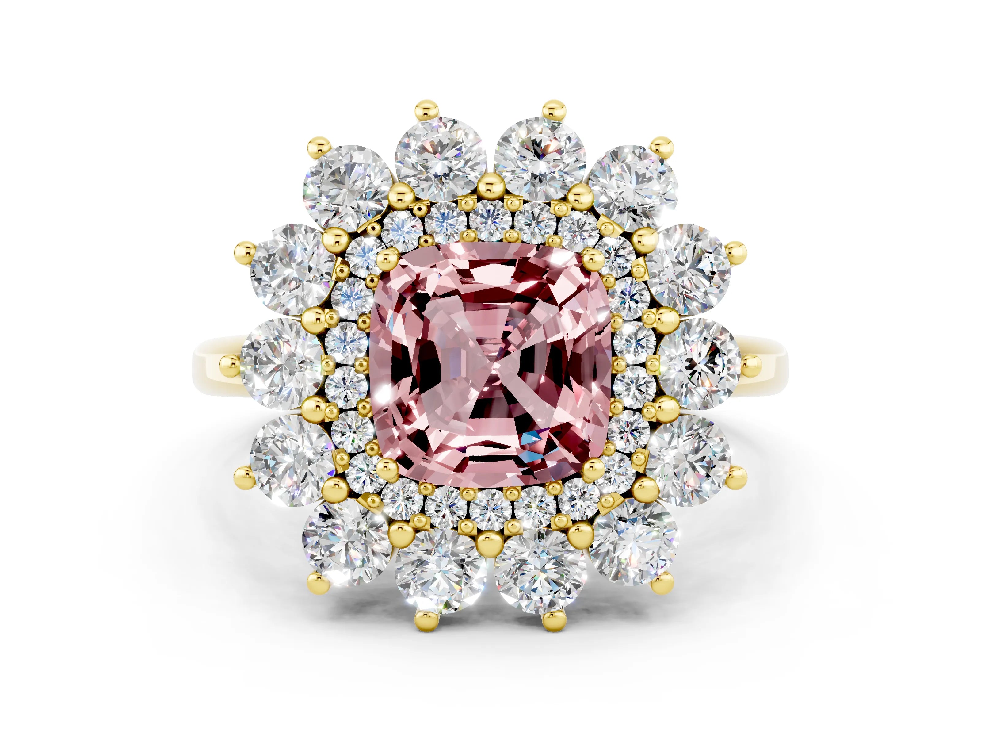 Yellow gold Cushion Cut Halo Cluster Diamond Ring with Pave Band and Four-Prong Setting