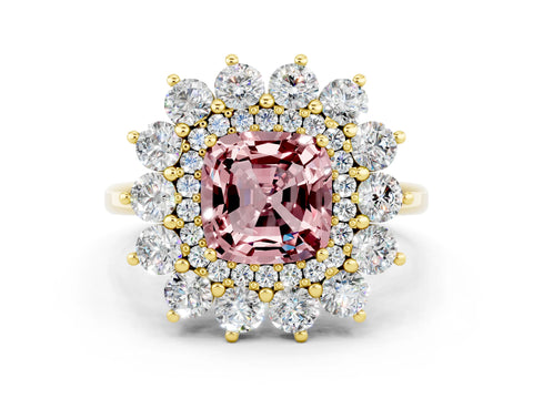 Yellow gold Cushion Cut Halo Cluster Diamond Ring with Pave Band and Four-Prong Setting