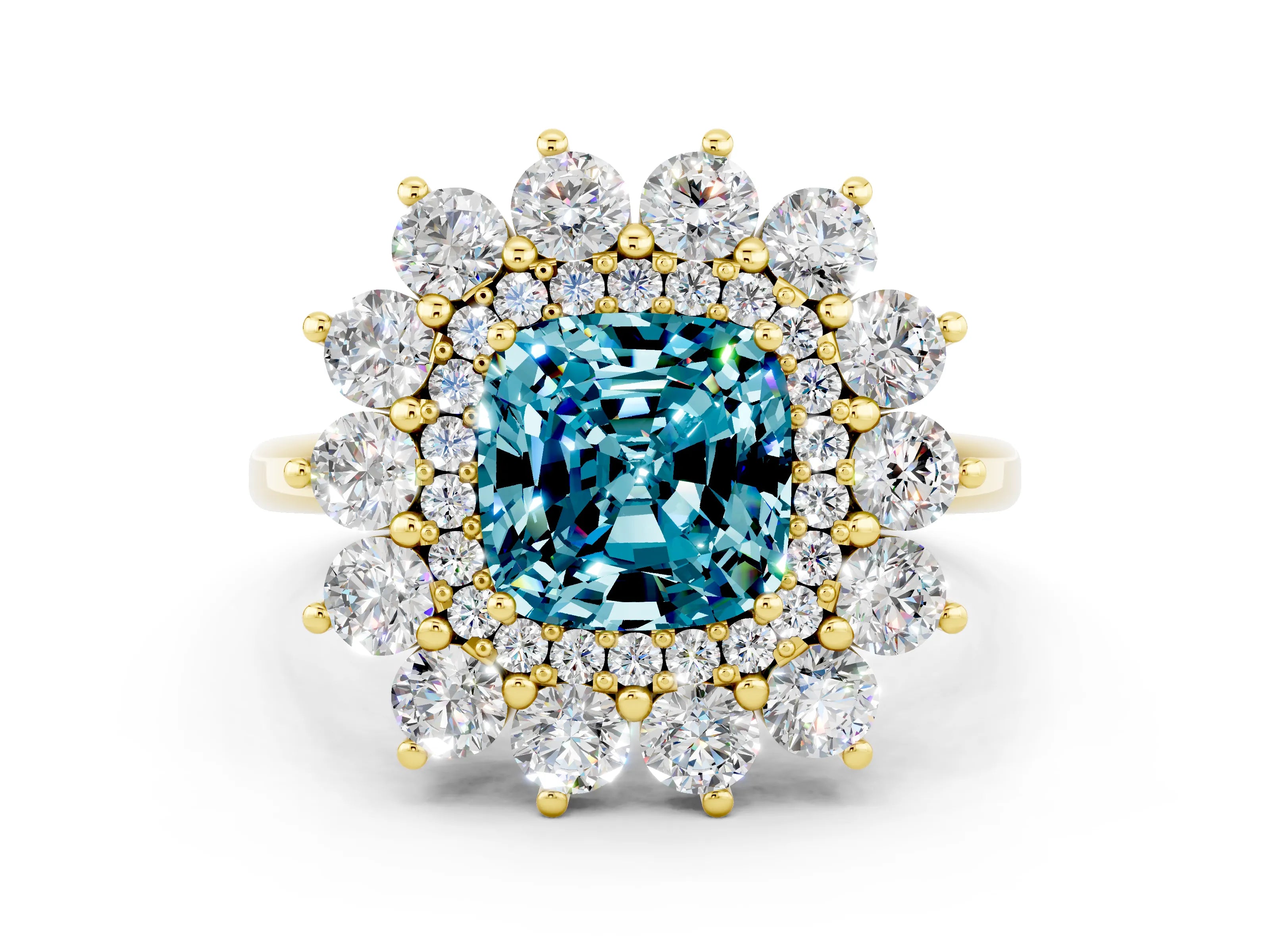 Yellow gold Cushion Cut Halo Cluster Diamond Ring with Pave Band and Four-Prong Setting