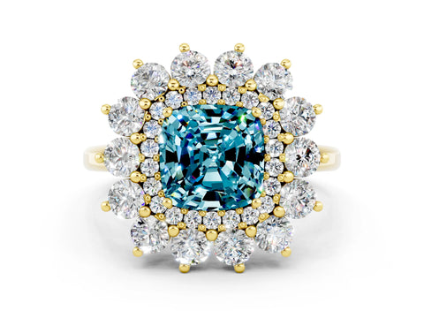 Yellow gold Cushion Cut Halo Cluster Diamond Ring with Pave Band and Four-Prong Setting