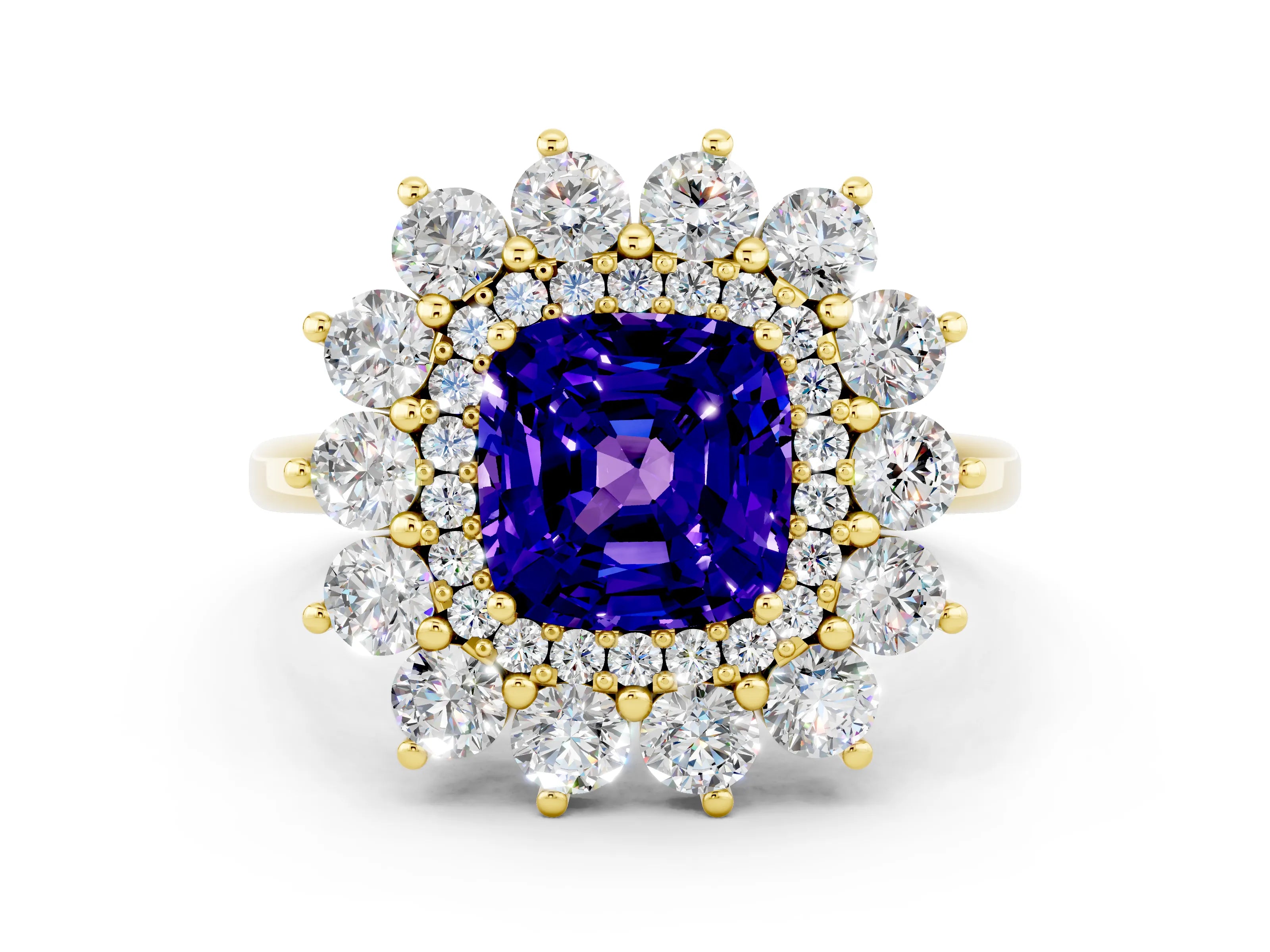Yellow gold Cushion Cut Halo Cluster Diamond Ring with Pave Band and Four-Prong Setting