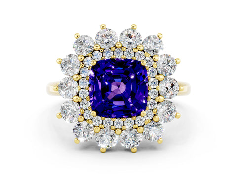 Yellow gold Cushion Cut Halo Cluster Diamond Ring with Pave Band and Four-Prong Setting