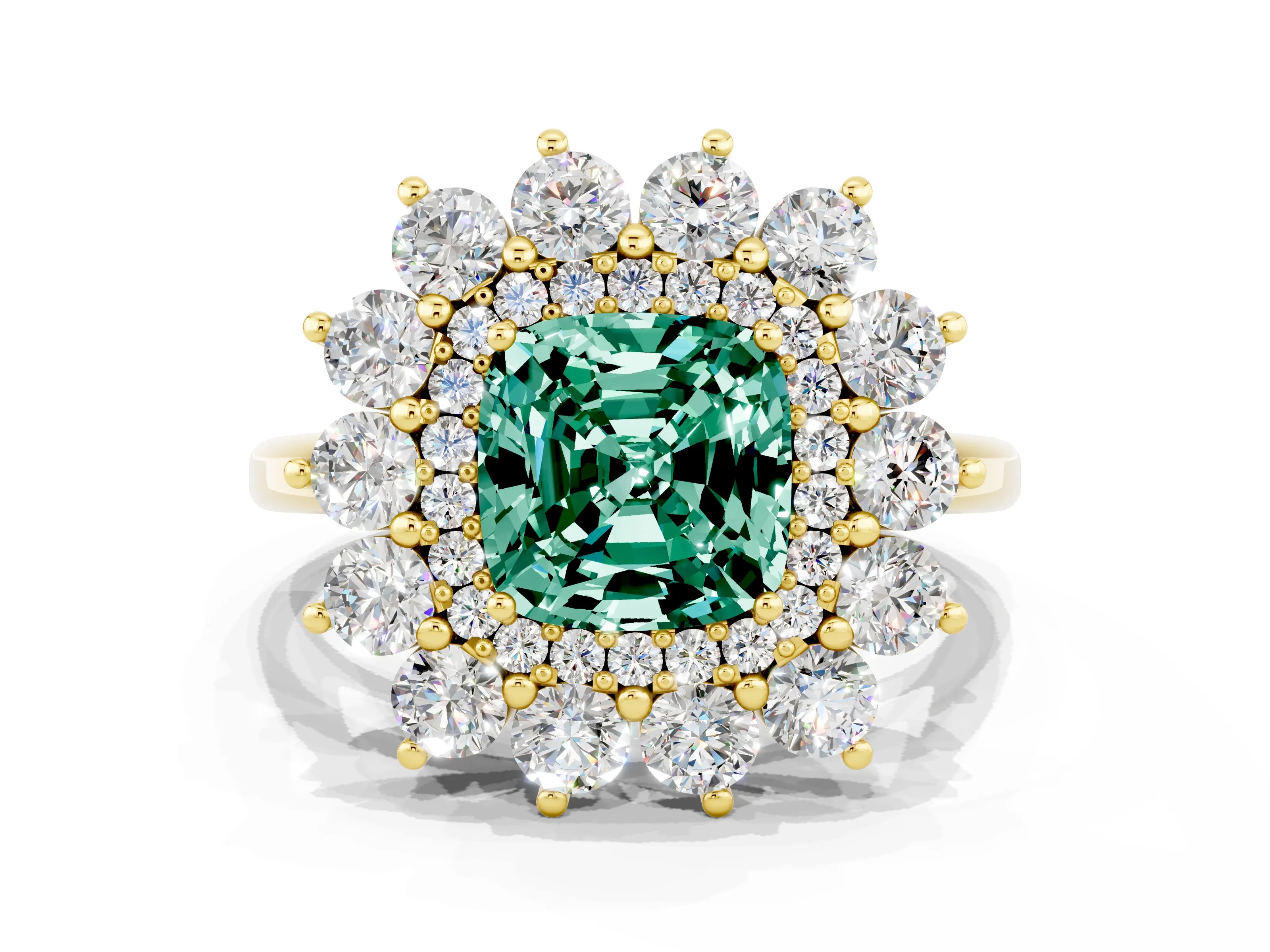 Yellow gold Cushion Cut Halo Cluster Diamond Ring with Pave Band and Four-Prong Setting