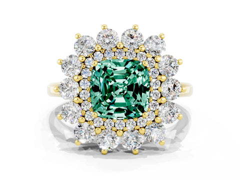 Yellow gold Cushion Cut Halo Cluster Diamond Ring with Pave Band and Four-Prong Setting