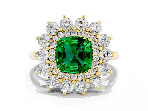 Yellow gold Cushion Cut Halo Cluster Diamond Ring with Pave Band and Four-Prong Setting