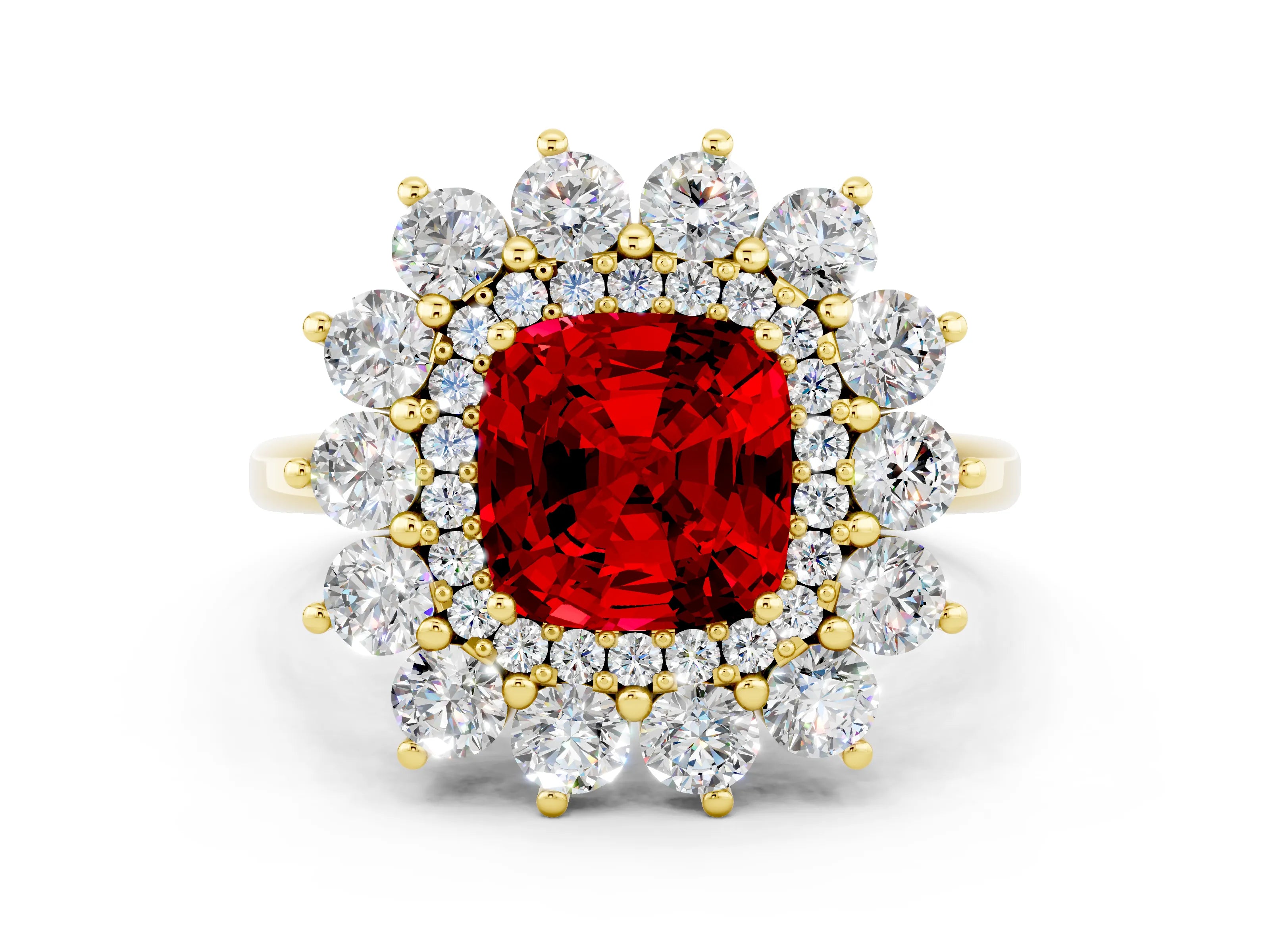 Yellow gold Cushion Cut Halo Cluster Diamond Ring with Pave Band and Four-Prong Setting