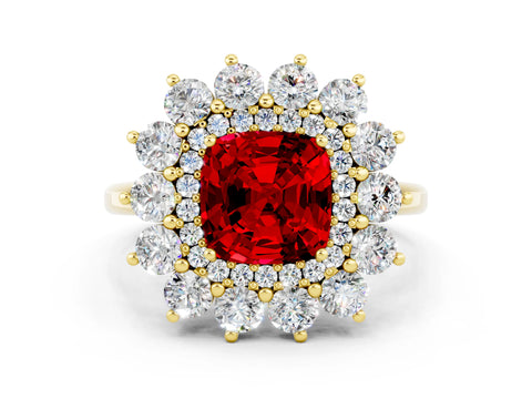 Yellow gold Cushion Cut Halo Cluster Diamond Ring with Pave Band and Four-Prong Setting