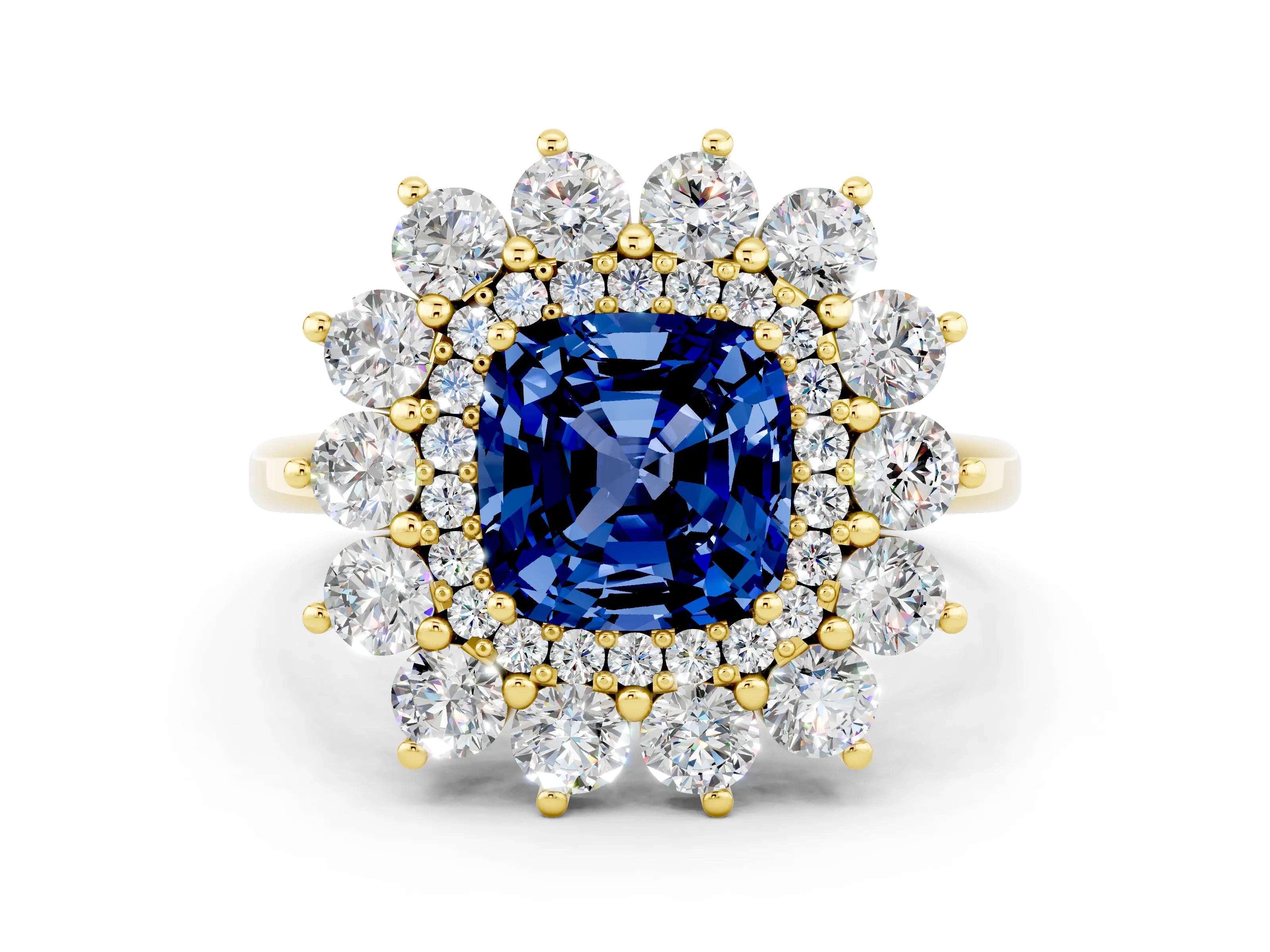 Yellow gold Cushion Cut Halo Cluster Diamond Ring with Pave Band and Four-Prong Setting