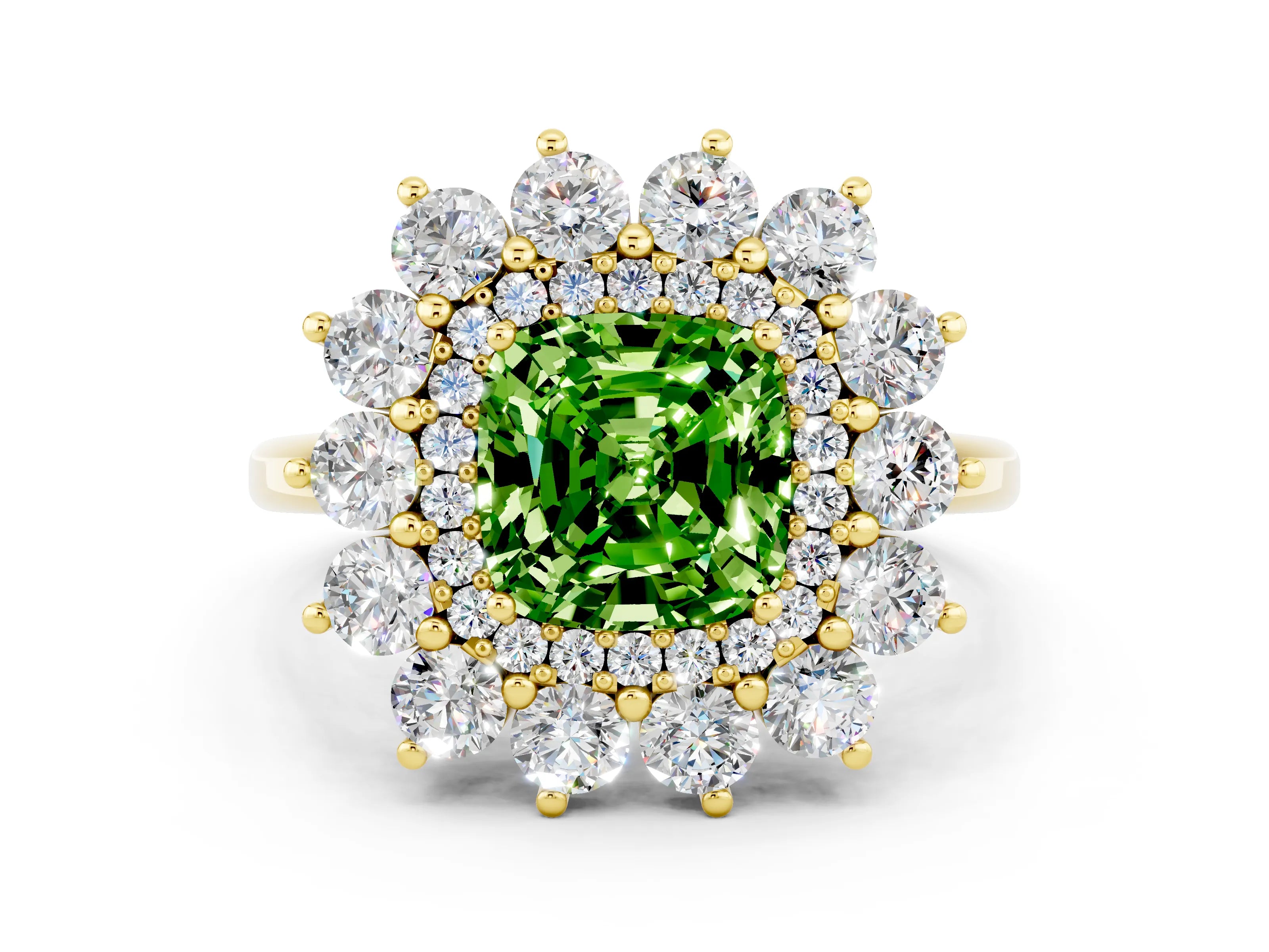 Yellow gold Cushion Cut Halo Cluster Diamond Ring with Pave Band and Four-Prong Setting