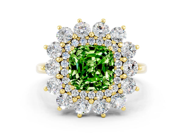 Yellow gold Cushion Cut Halo Cluster Diamond Ring with Pave Band and Four-Prong Setting