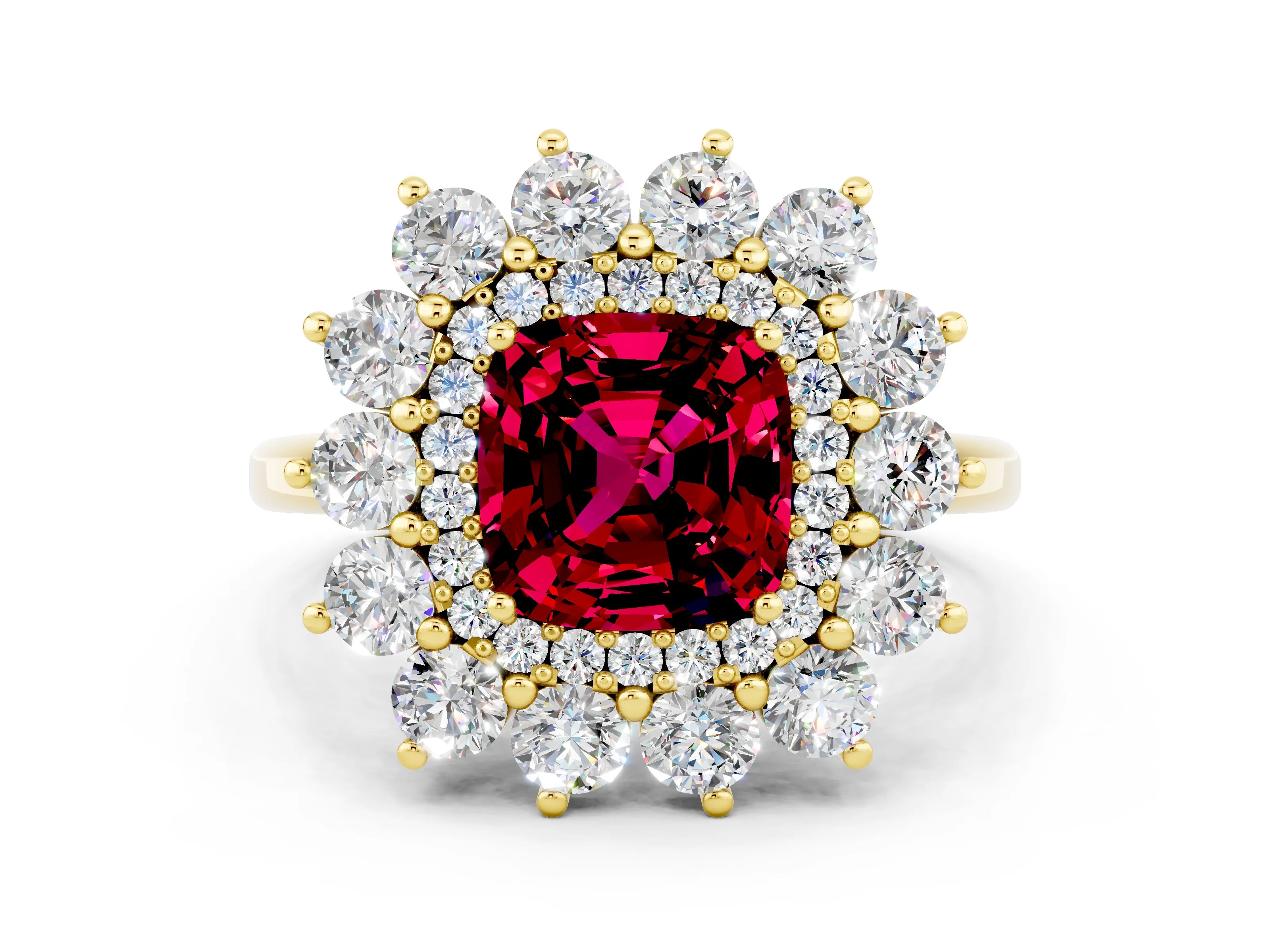 Yellow gold Cushion Cut Halo Cluster Diamond Ring with Pave Band and Four-Prong Setting