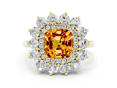 Yellow gold Cushion Cut Halo Cluster Diamond Ring with Pave Band and Four-Prong Setting