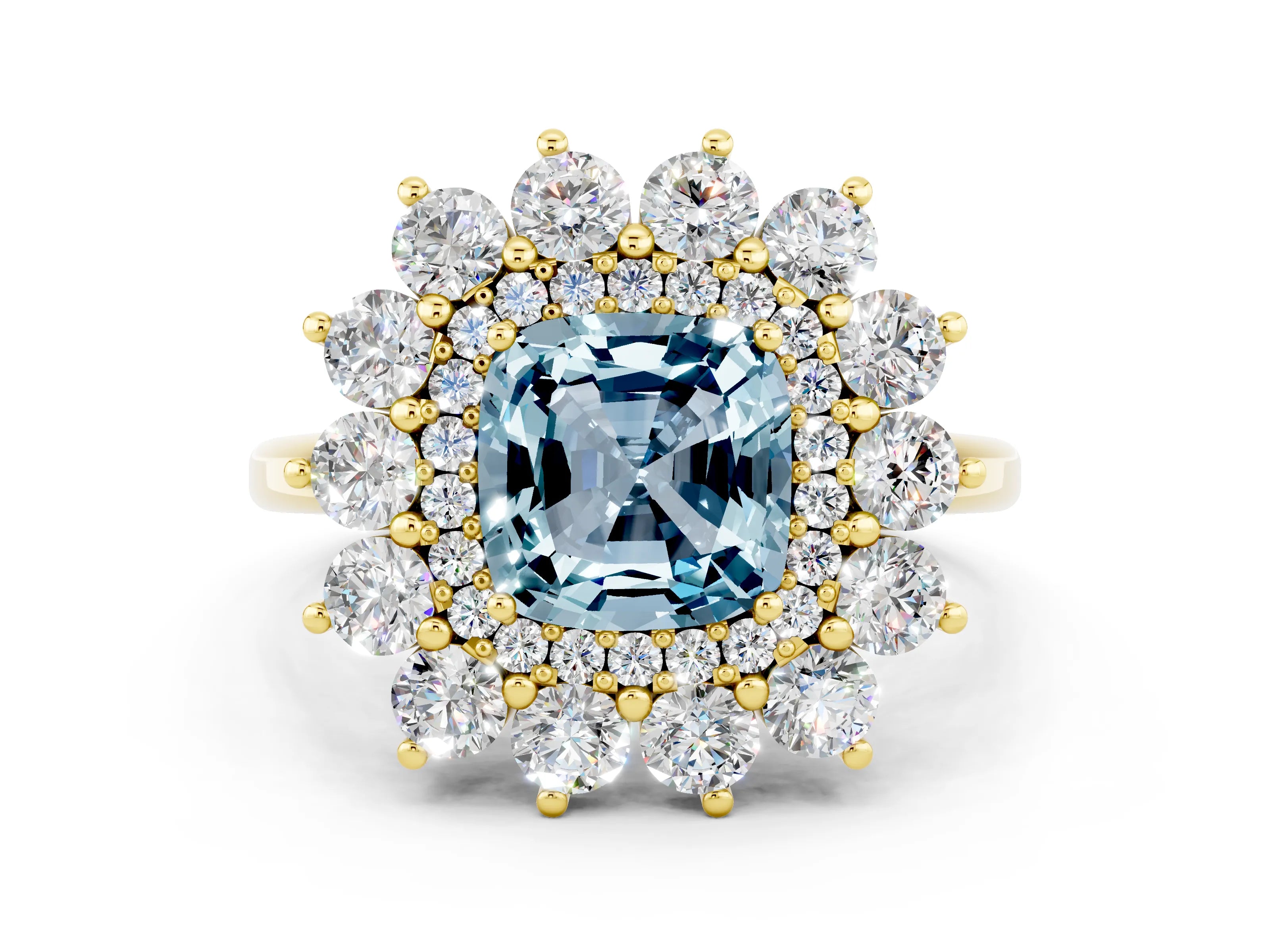 Yellow gold Cushion Cut Halo Cluster Diamond Ring with Pave Band and Four-Prong Setting