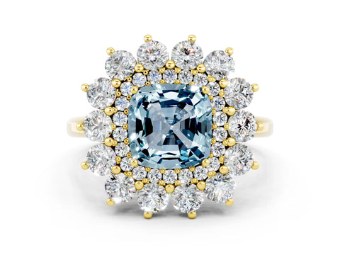 Yellow gold Cushion Cut Halo Cluster Diamond Ring with Pave Band and Four-Prong Setting