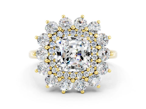 Yellow gold Cushion Cut Halo Cluster Diamond Ring with Pave Band and Four-Prong Setting