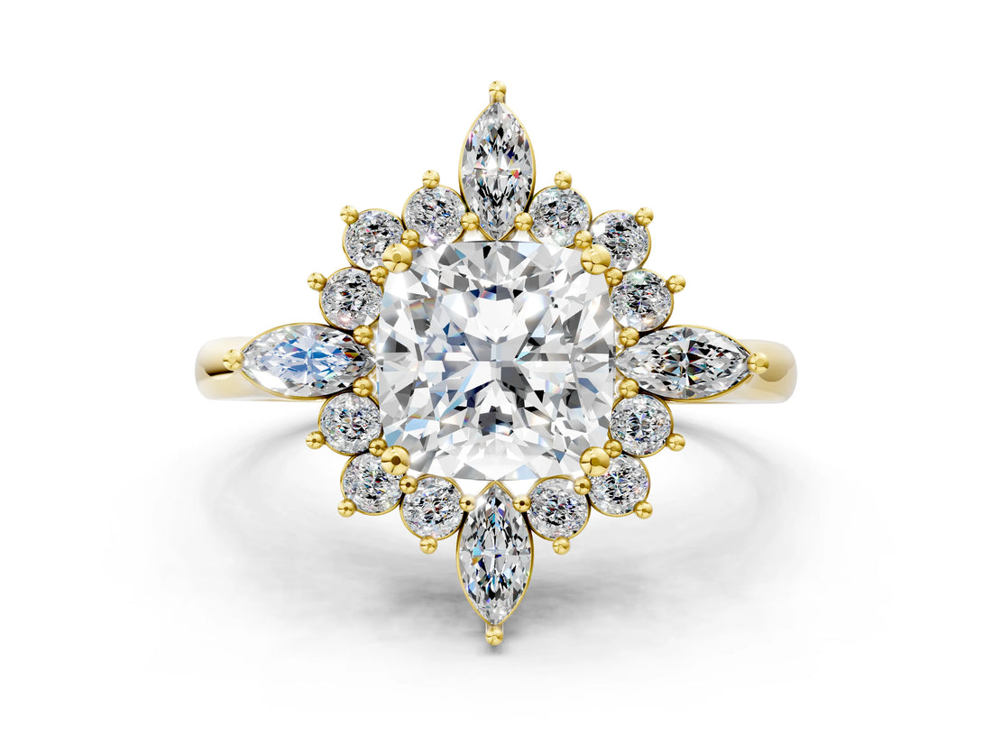 Yellow gold Cushion Cut Halo Diamond Cluster Ring with Marquise and Round Stones on a White Gold Band with Prong Setting_9