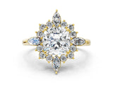 Yellow gold Cushion Cut Halo Diamond Cluster Ring with Marquise and Round Stones on a White Gold Band with Prong Setting_9