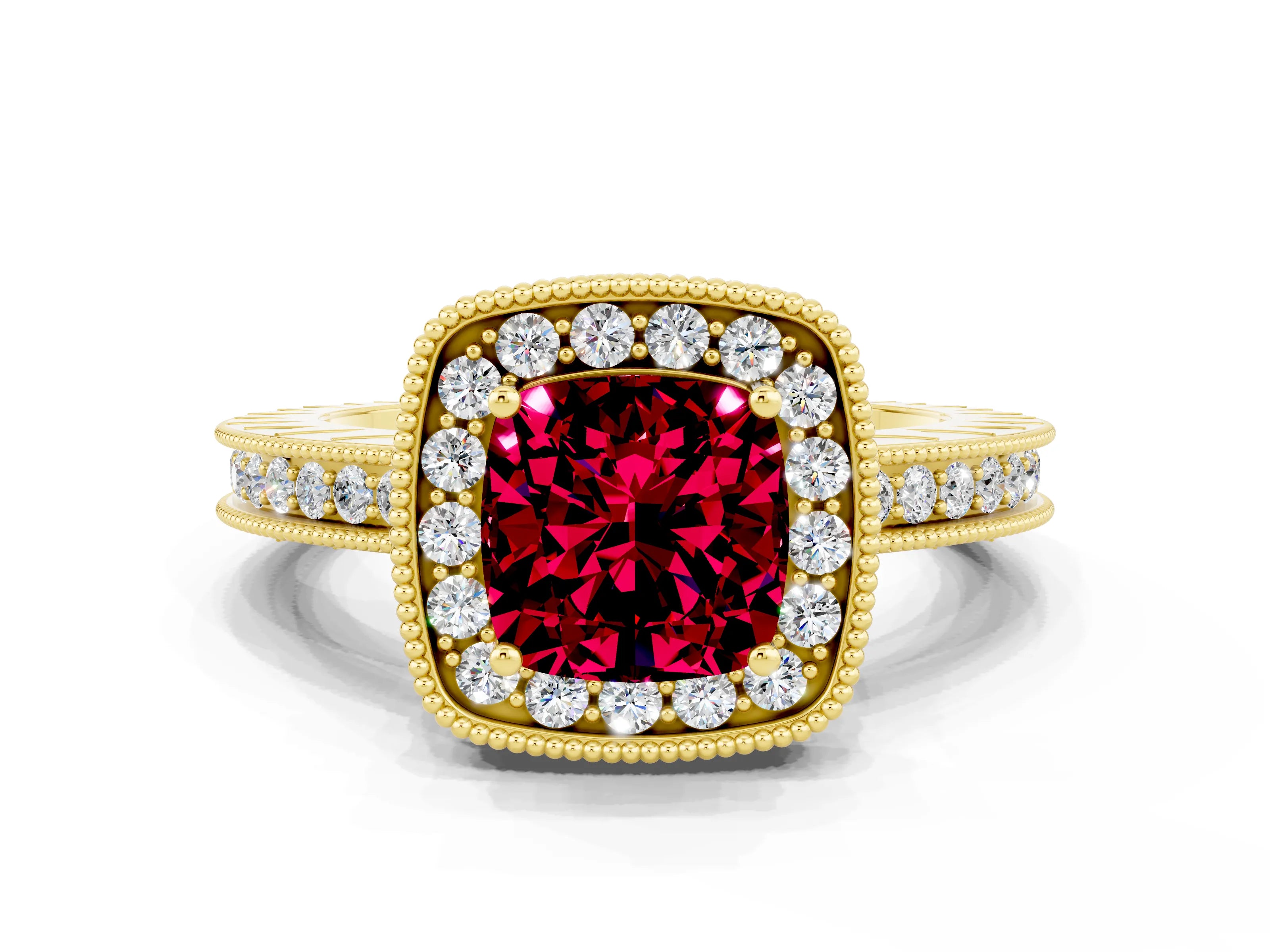 Yellow gold Cushion Cut Halo Diamond Engagement Ring with Milgrain Pave Band and Four-Prong Setting