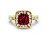 Yellow gold Cushion Cut Halo Diamond Engagement Ring with Milgrain Pave Band and Four-Prong Setting