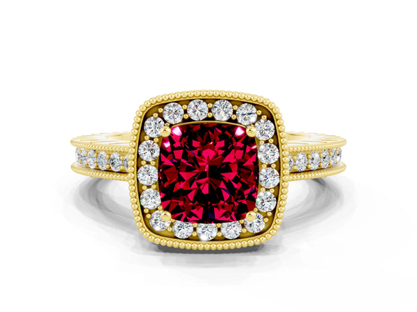 Yellow gold Cushion Cut Halo Diamond Engagement Ring with Milgrain Pave Band and Four-Prong Setting