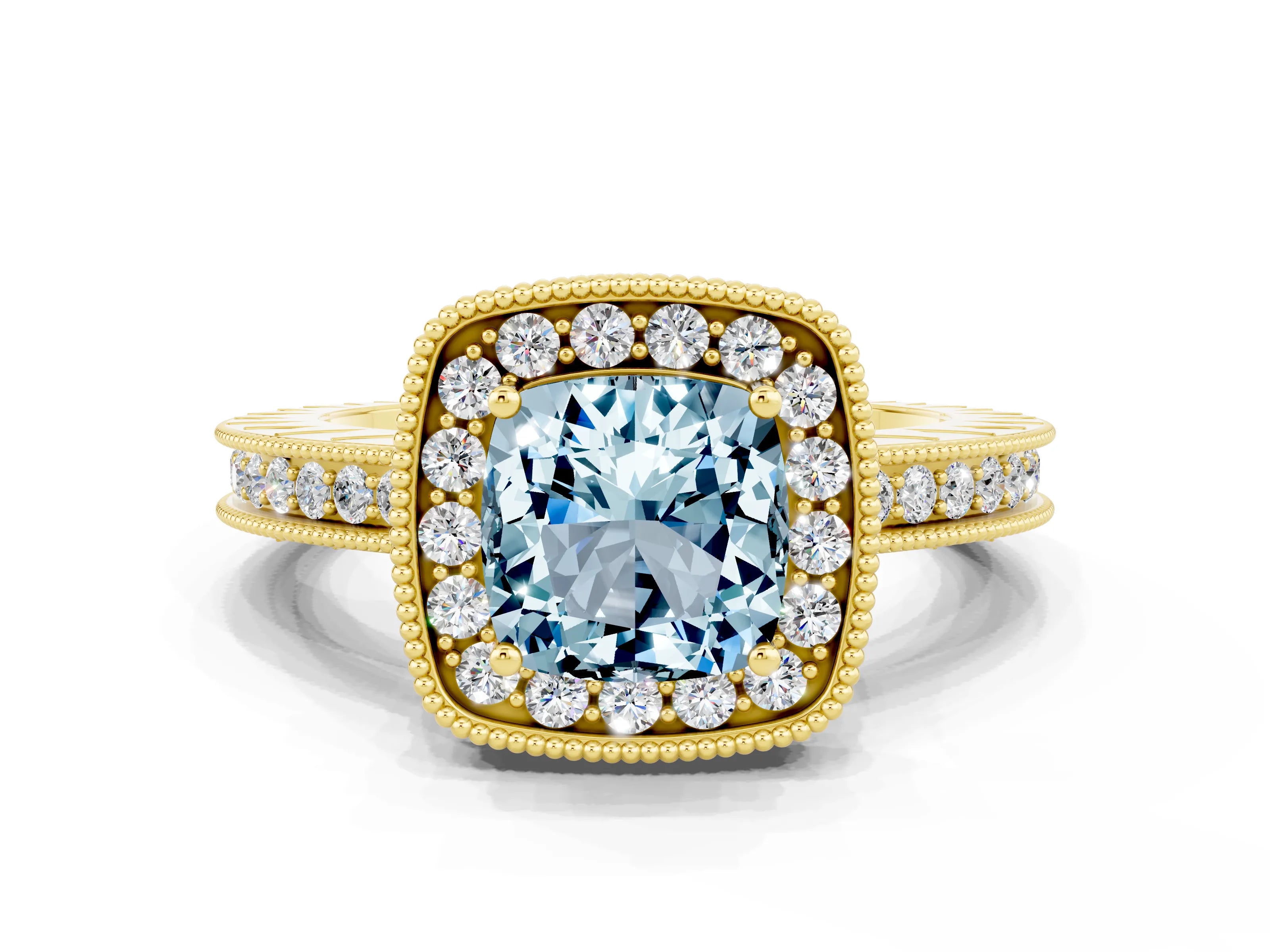 Yellow gold Cushion Cut Halo Diamond Engagement Ring with Milgrain Pave Band and Four-Prong Setting