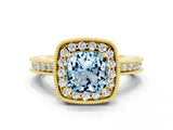 Yellow gold Cushion Cut Halo Diamond Engagement Ring with Milgrain Pave Band and Four-Prong Setting