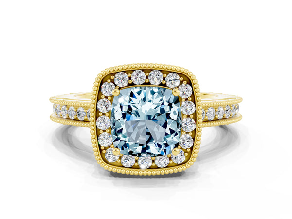 Yellow gold Cushion Cut Halo Diamond Engagement Ring with Milgrain Pave Band and Four-Prong Setting