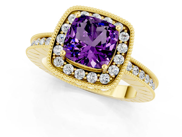 Yellow gold Cushion Cut Amethyst Milgrain Halo Engagement Ring with Round Pavé Band and Prong Setting